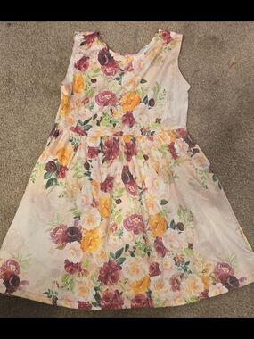 Floral Sleeveless Girls' Dress - Cream with Pink & Yellow Roses